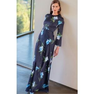 NWT Sachin + Babi Black and Blue Floral  Dress Alex Sequin Long Sleeve Satin